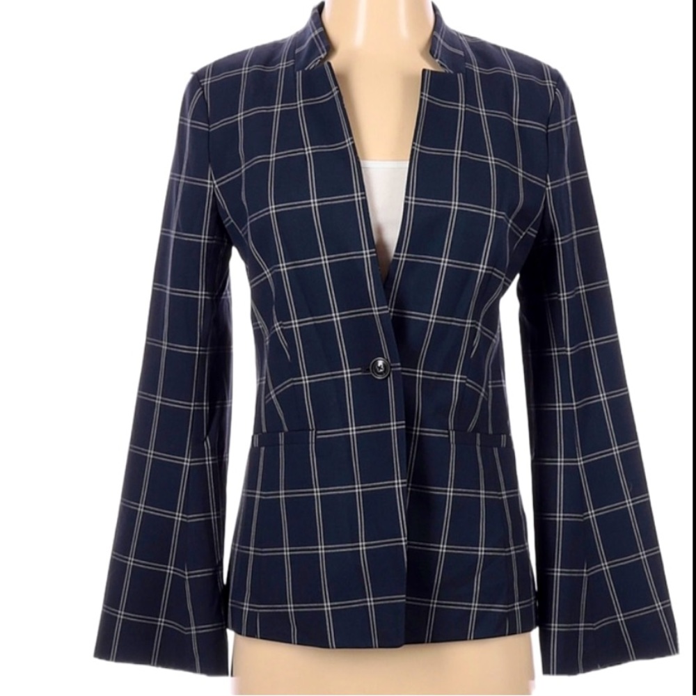 Banana Republic Navy Plaid Blazer Women Size 10 Machine Washable Stretch